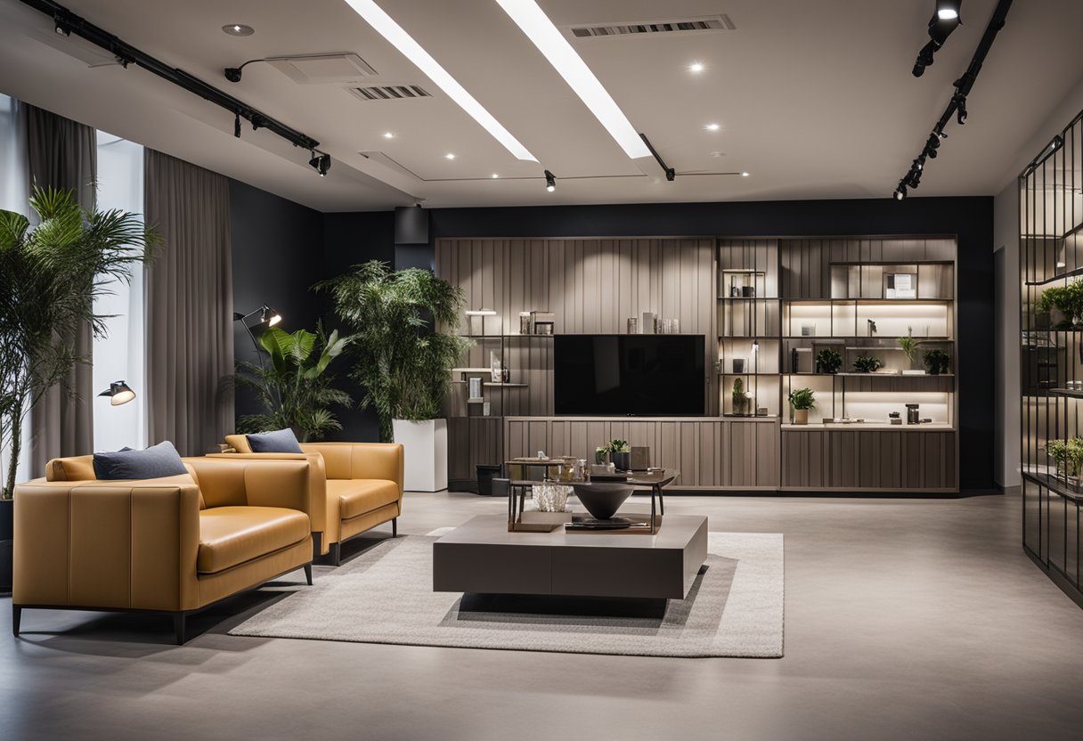 A modern showroom with sleek, minimalist furniture displayed in an organized and inviting manner, with a prominent "Frequently Asked Questions" section