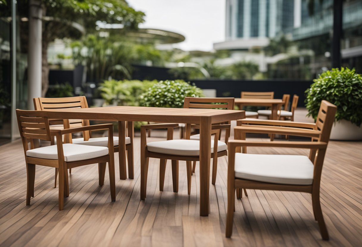 Teak outdoor furniture displayed in a showroom with a sign reading "Frequently Asked Questions" in Singapore