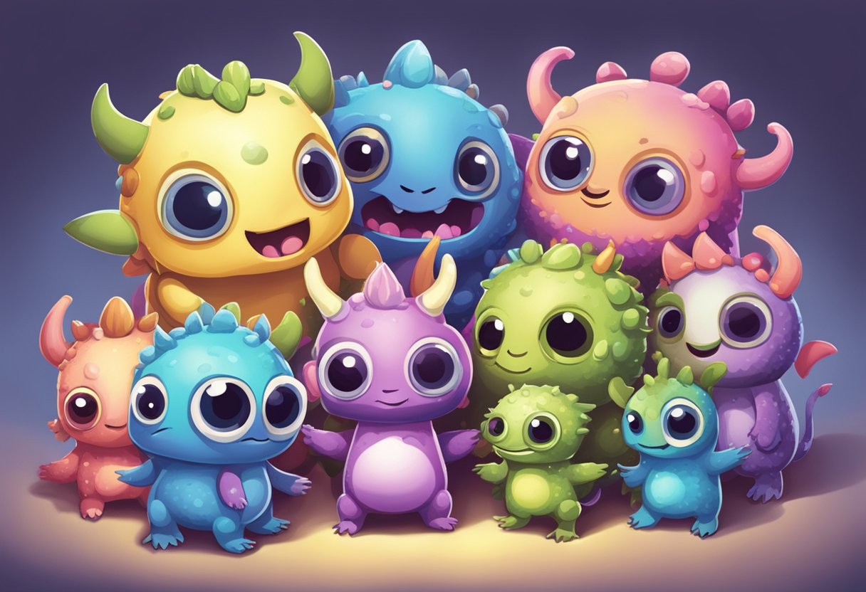 A group of adorable baby monsters gather in a playful huddle, each with their own unique features and personalities shining through