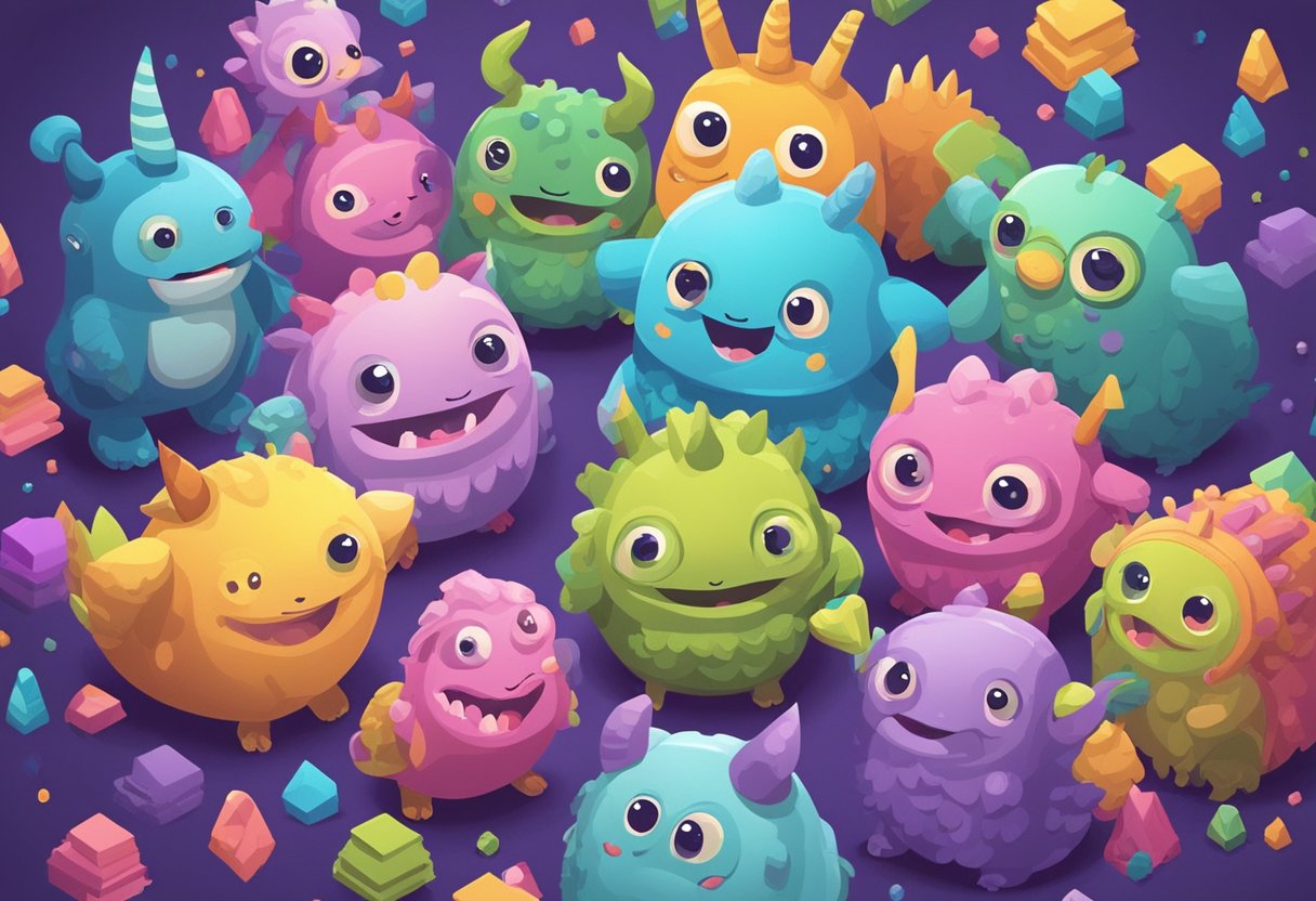 A group of cute baby monsters huddled together, each with a unique name tag. They are surrounded by colorful brainstorming ideas floating in the air