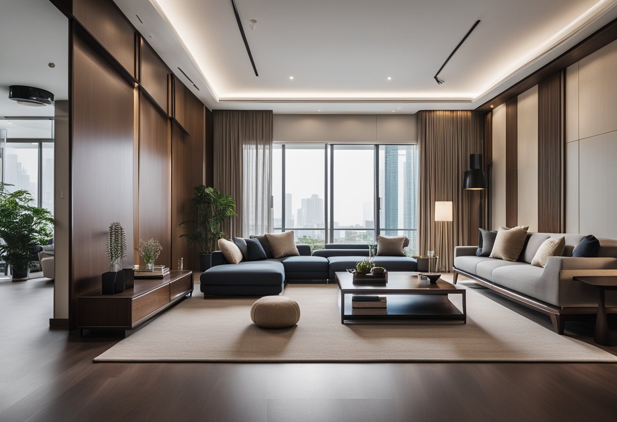 A sleek, minimalist living room with modern oriental furniture in Singapore. Clean lines, dark woods, and subtle Asian accents create a contemporary yet timeless atmosphere