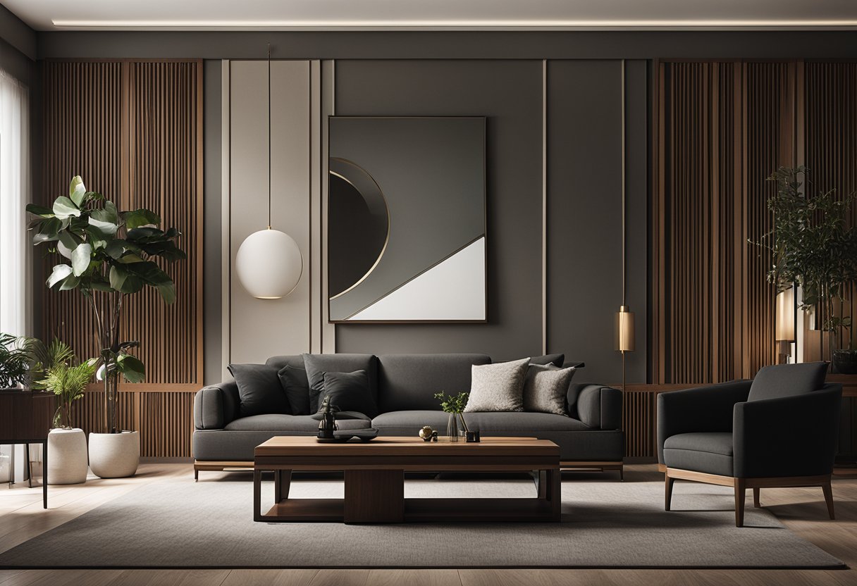 A sleek, minimalist living room with modern oriental furniture, featuring clean lines, dark wood, and elegant accents