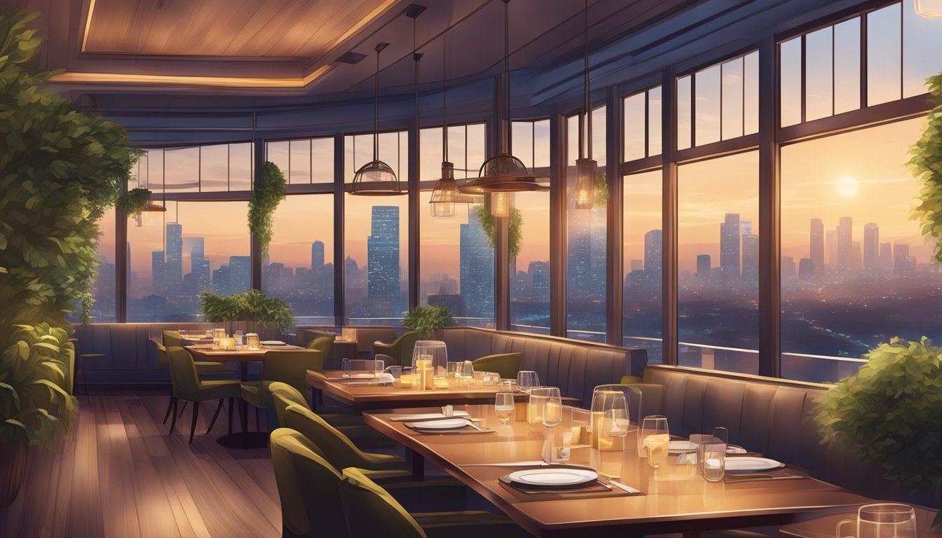 The restaurant has a cozy ambiance with soft lighting, greenery, and panoramic views of the city skyline and surrounding nature