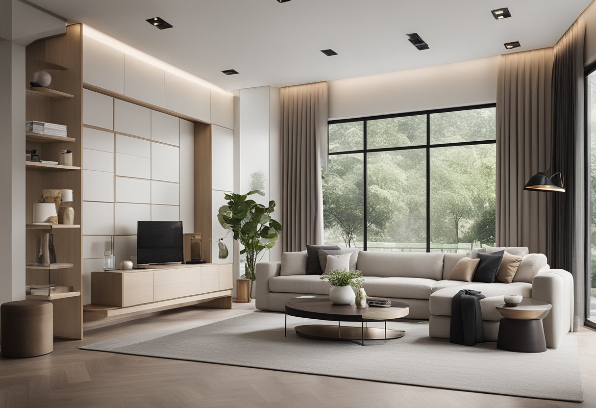 A modern living room with Mu Dan furniture in Singapore. Clean lines, minimalist design, and a neutral color palette