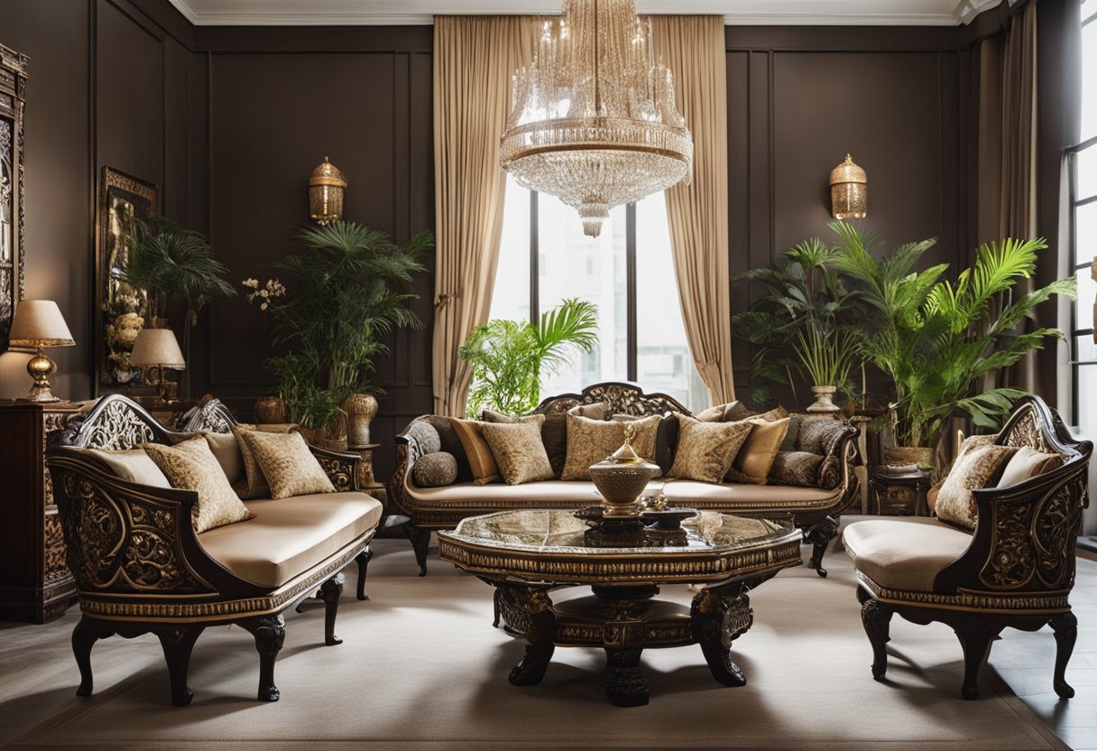 A room filled with Mu Dan's unique furniture collection, showcasing intricate designs and exotic materials