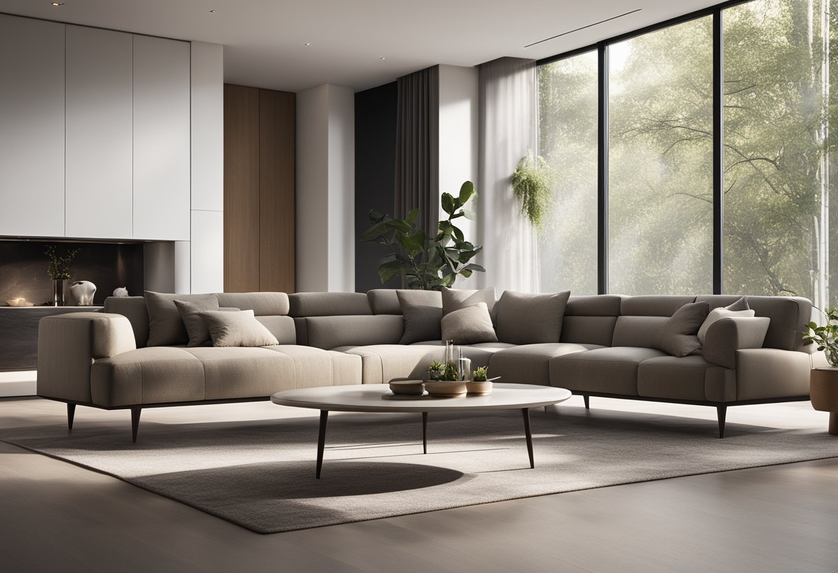 A modern living room with sleek, minimalist furniture, clean lines, and a touch of oriental influence. Bright, natural light floods the space, creating a warm and inviting atmosphere