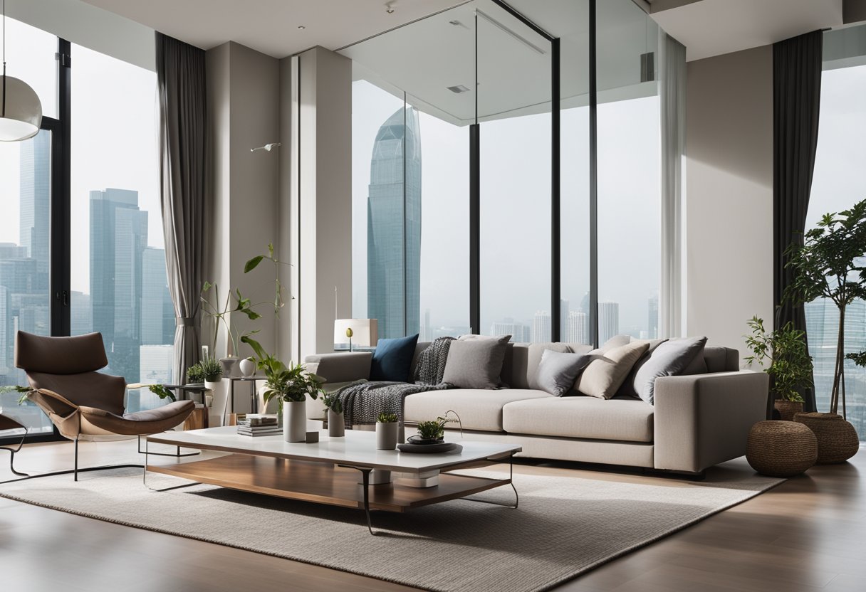 A modern living room with sleek furniture in Singapore. Large windows let in natural light, illuminating the minimalist design