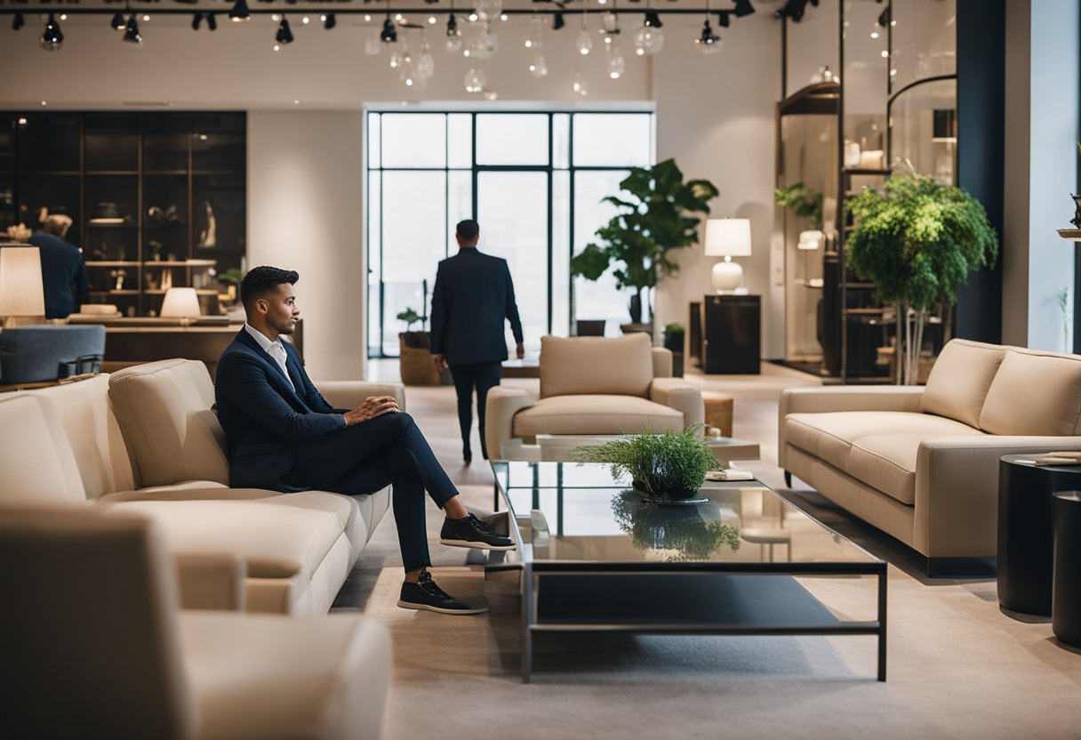 A customer browsing through a showroom of modern and elegant furniture, admiring the sleek designs and high-quality craftsmanship of Mu Dan Furniture