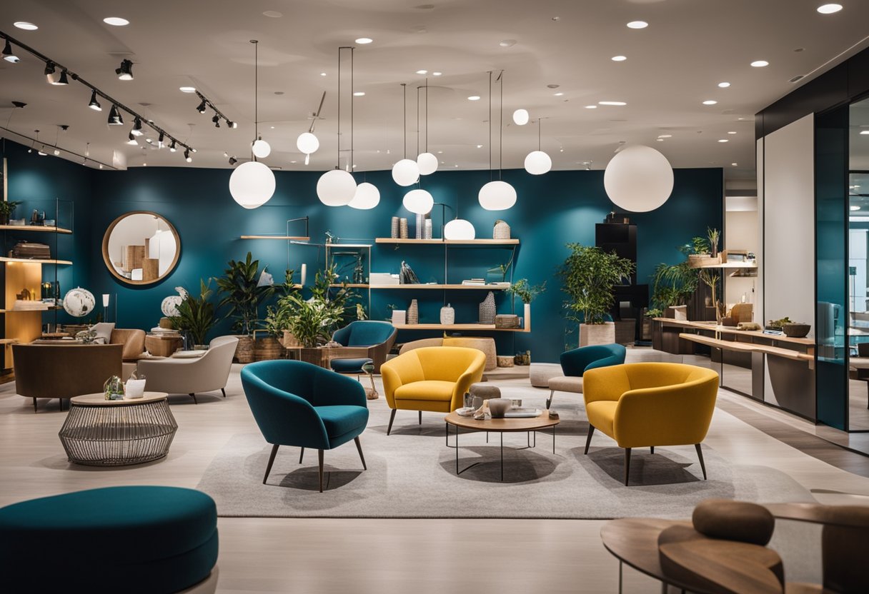 A modern furniture showroom with sleek designs and vibrant colors, showcasing a variety of pieces