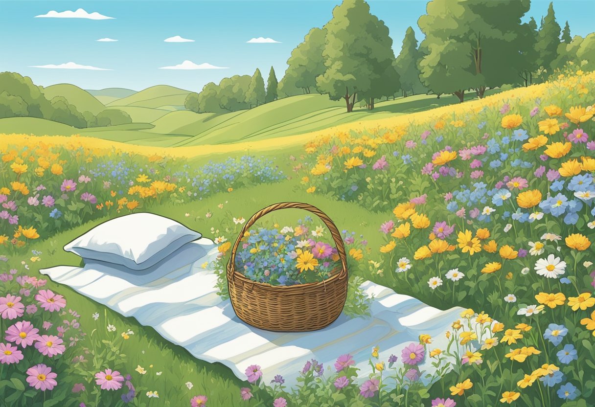 A sunny meadow with a blanket spread out, surrounded by colorful wildflowers. A small basket holds name cards for "boy" and "girl" names