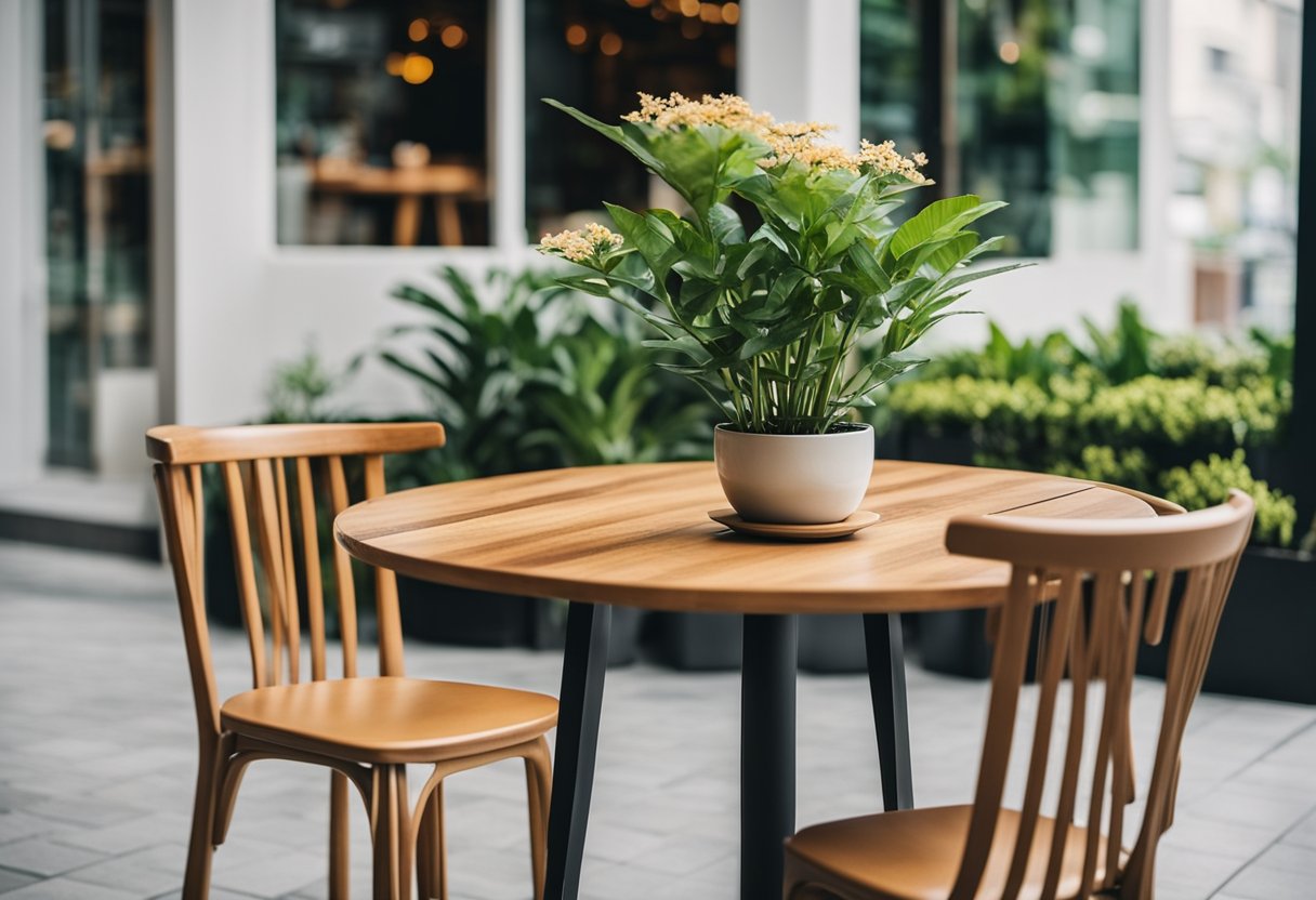 Cafe furniture in Singapore, with wooden tables and chairs, colorful cushions, and potted plants, creating a cozy and inviting atmosphere