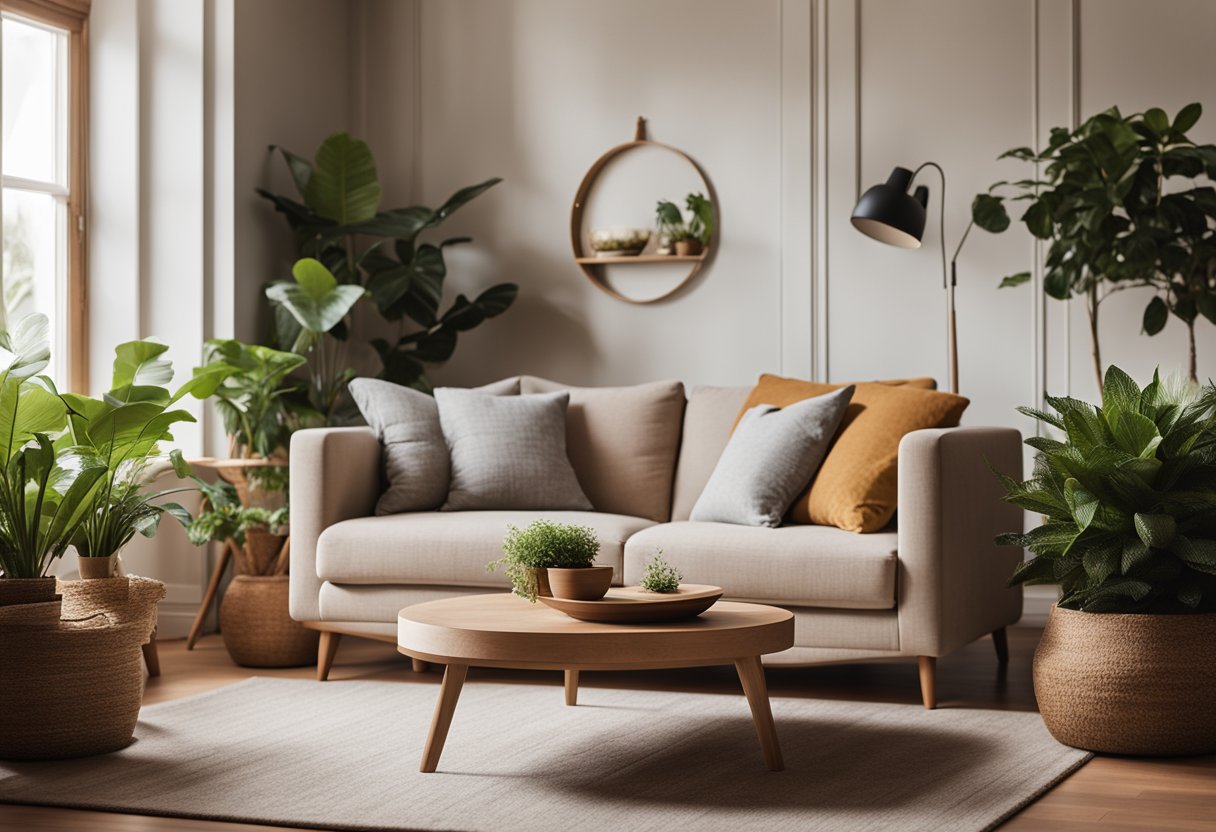 A cozy living room with Nook and Cranny furniture, featuring a sleek sofa, a rustic coffee table, and a statement armchair. Warm lighting and potted plants add a touch of homeliness