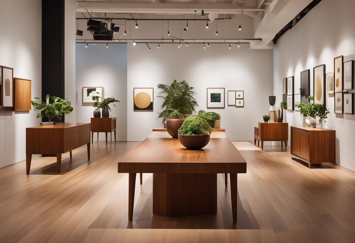A spacious, well-lit gallery showcases sleek and modern teak furniture. Clean lines and rich wood tones create an inviting atmosphere