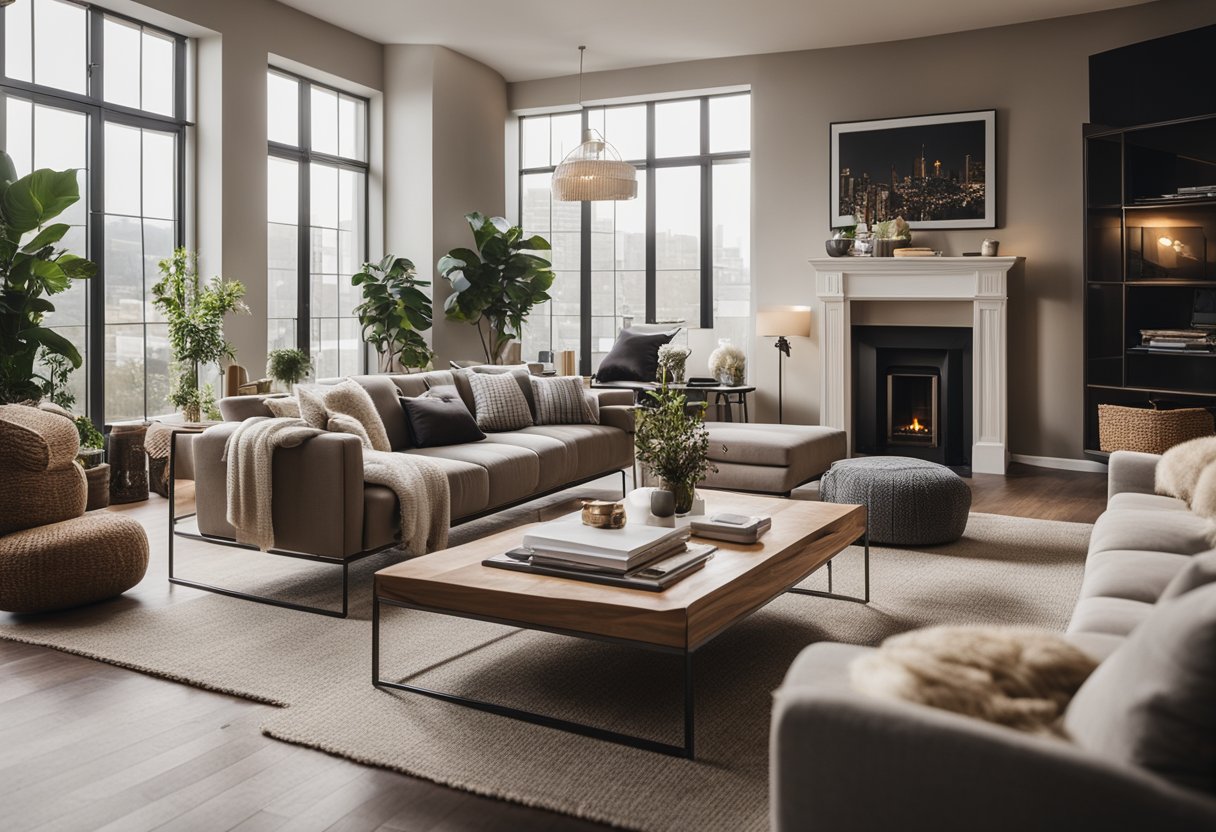 A cozy living room with a variety of stylish furniture pieces neatly arranged in a spacious and well-lit area