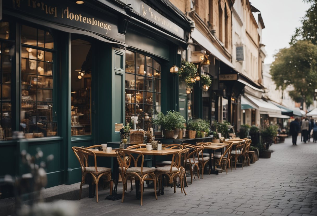 A bustling street lined with quaint cafes, showcasing an array of pre-loved furniture gems. The warm, inviting atmosphere invites passersby to explore and discover unique pieces
