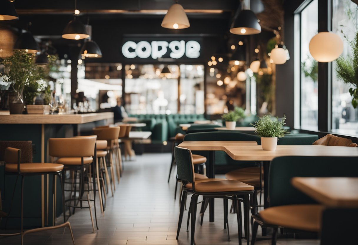 A cozy cafe setting with stylish and functional furniture, creating a welcoming and comfortable space for customers to relax and enjoy their time