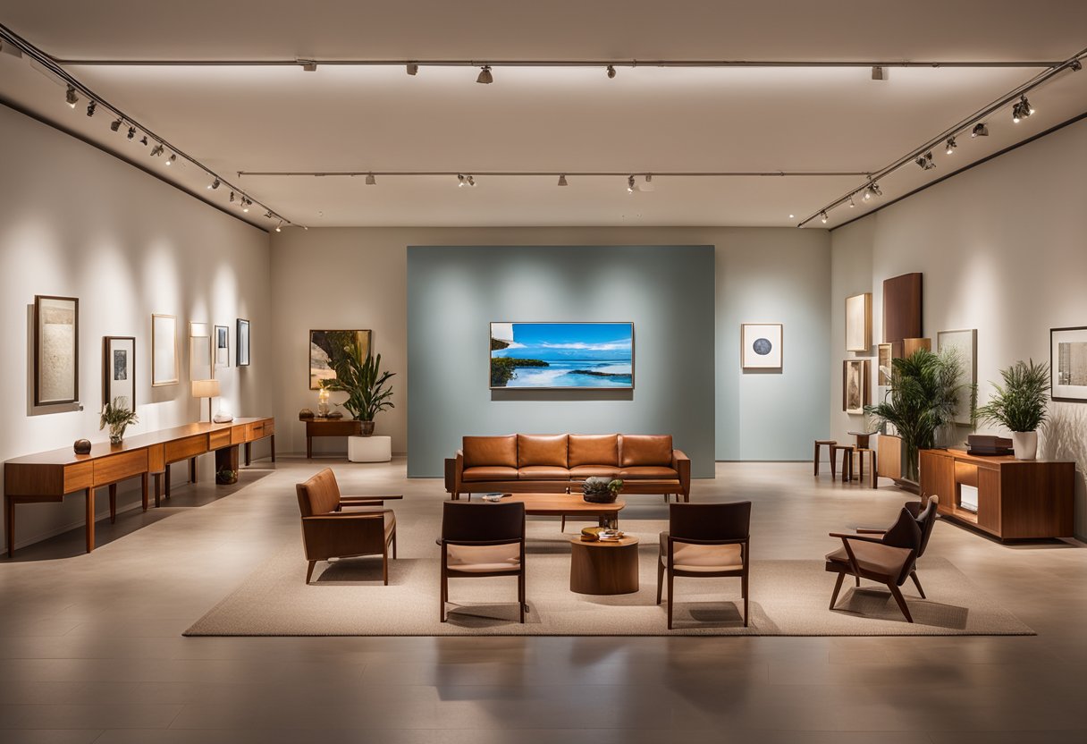 A spacious, modern gallery filled with sleek teak furniture displays. Soft lighting and clean lines create an inviting atmosphere for browsing
