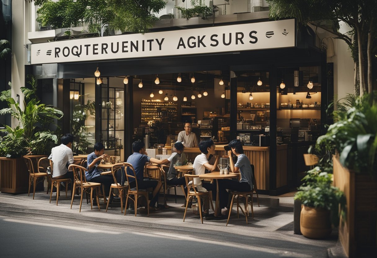 A bustling cafe in Singapore with various types of furniture arranged neatly, customers chatting and enjoying their drinks, and a sign displaying "Frequently Asked Questions" prominently near the entrance