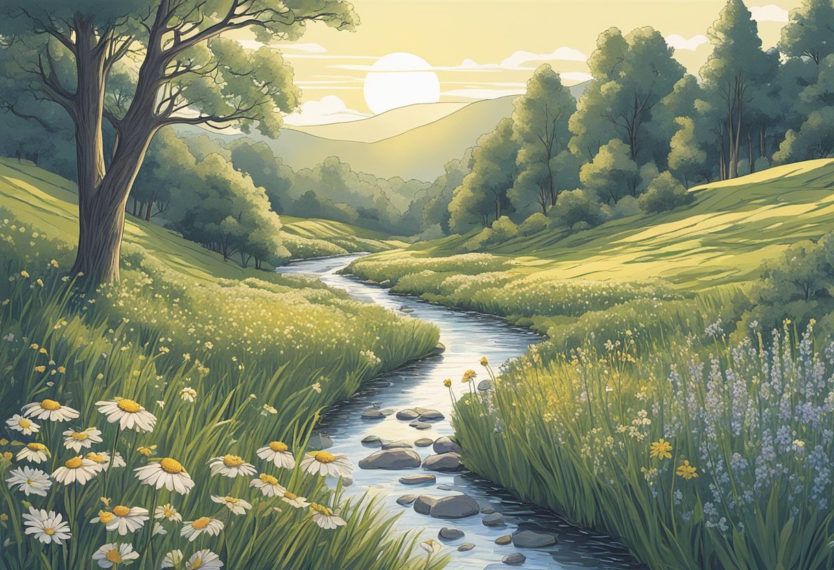 A sunlit meadow with wildflowers, a gentle breeze, and a babbling brook