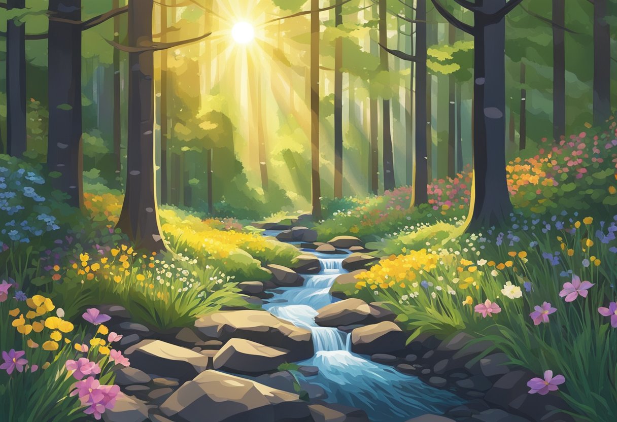 A serene forest clearing with a babbling brook, surrounded by tall trees and colorful wildflowers. The sunlight filters through the leaves, creating dappled patterns on the ground
