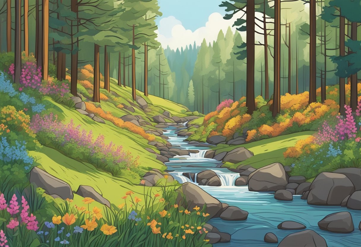 A serene forest clearing with a babbling brook, surrounded by tall trees and colorful wildflowers, with a soft breeze rustling the leaves