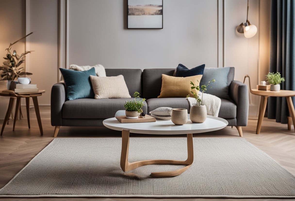 A cozy living room with a comfortable sofa, a stylish coffee table, and a soft rug. A warm lamp illuminates the space, and a few decorative pillows add a pop of color