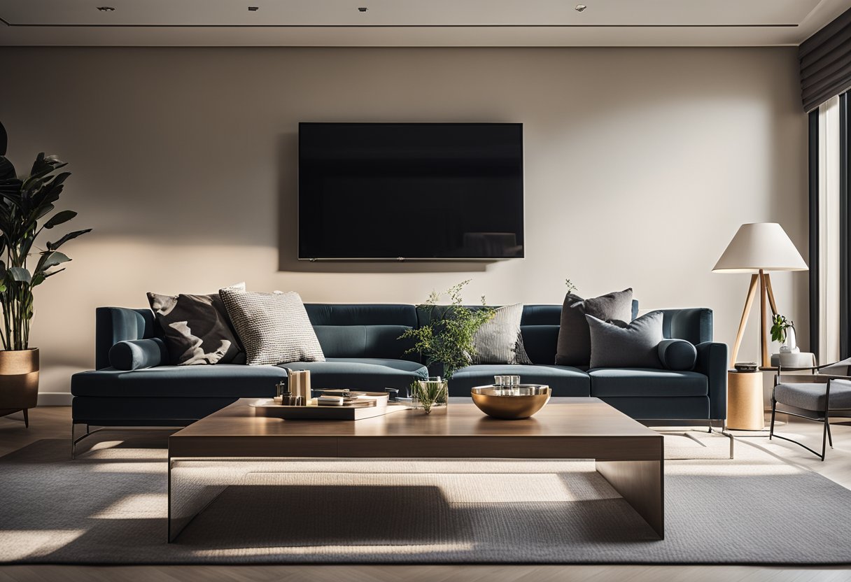 A cozy living room with modern furniture, including a sleek sofa, stylish coffee table, and elegant bookshelf. The room is bathed in natural light, creating a warm and inviting atmosphere