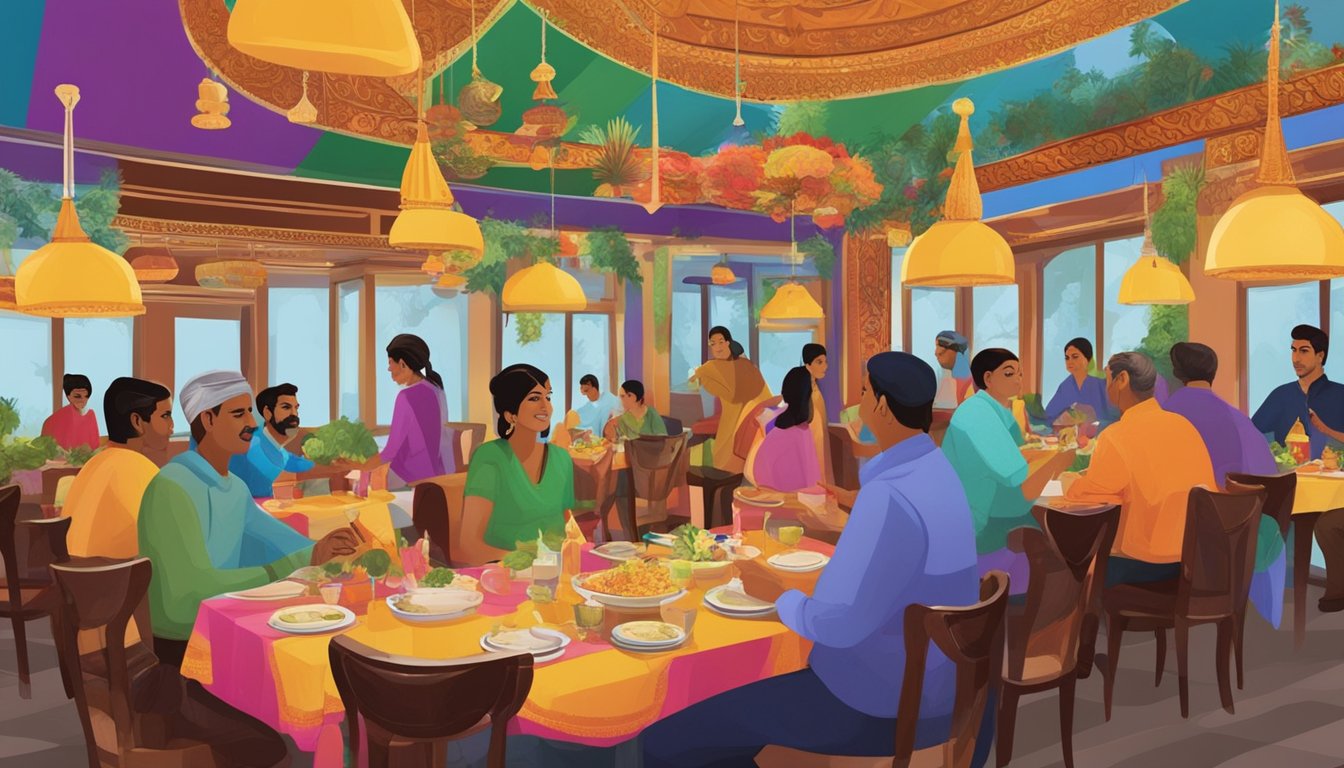Customers dining at Raj Restaurant, surrounded by vibrant decor and the aroma of spices. Tables are adorned with colorful tablecloths and traditional Indian dishes