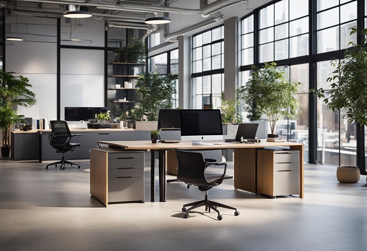 A spacious office showroom displays modern desks, ergonomic chairs, and sleek storage units. Brightly lit with large windows, the space exudes professionalism and functionality