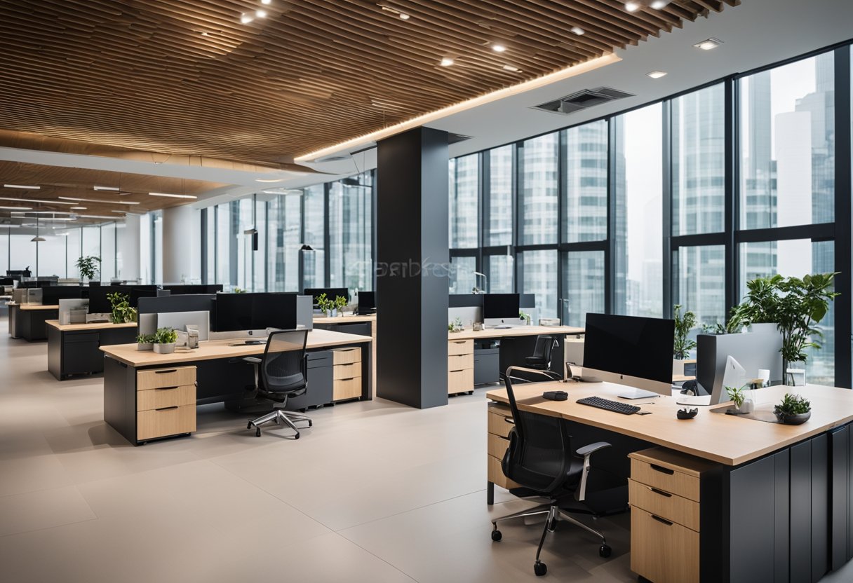 Office furniture showroom in Singapore, featuring modern desks, ergonomic chairs, and sleek storage options. Bright, spacious setting with natural light