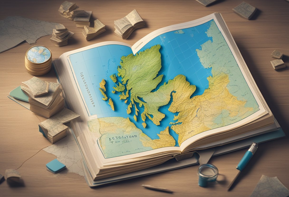 A pile of rustic baby name books with a map of Scotland in the background