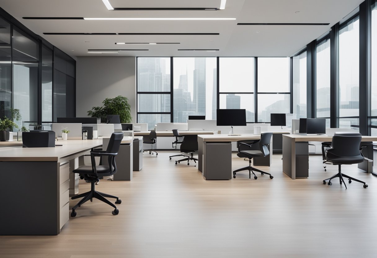 A modern office space with sleek, ergonomic furniture arranged in a professional setting. Clean lines and neutral colors create a minimalist yet inviting atmosphere