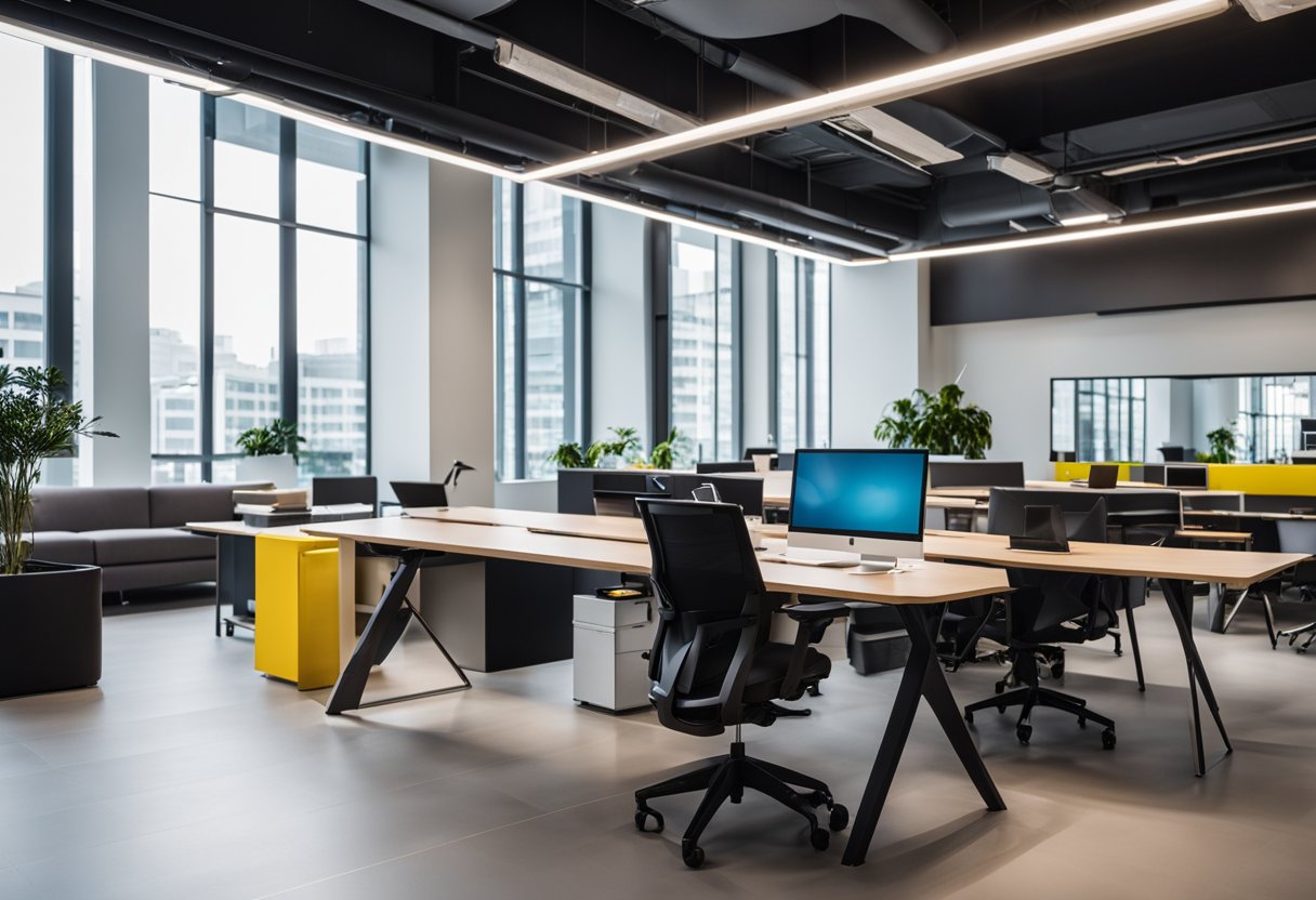 A spacious showroom displays modern office furniture in Singapore. Bright lighting highlights sleek desks, ergonomic chairs, and stylish storage solutions