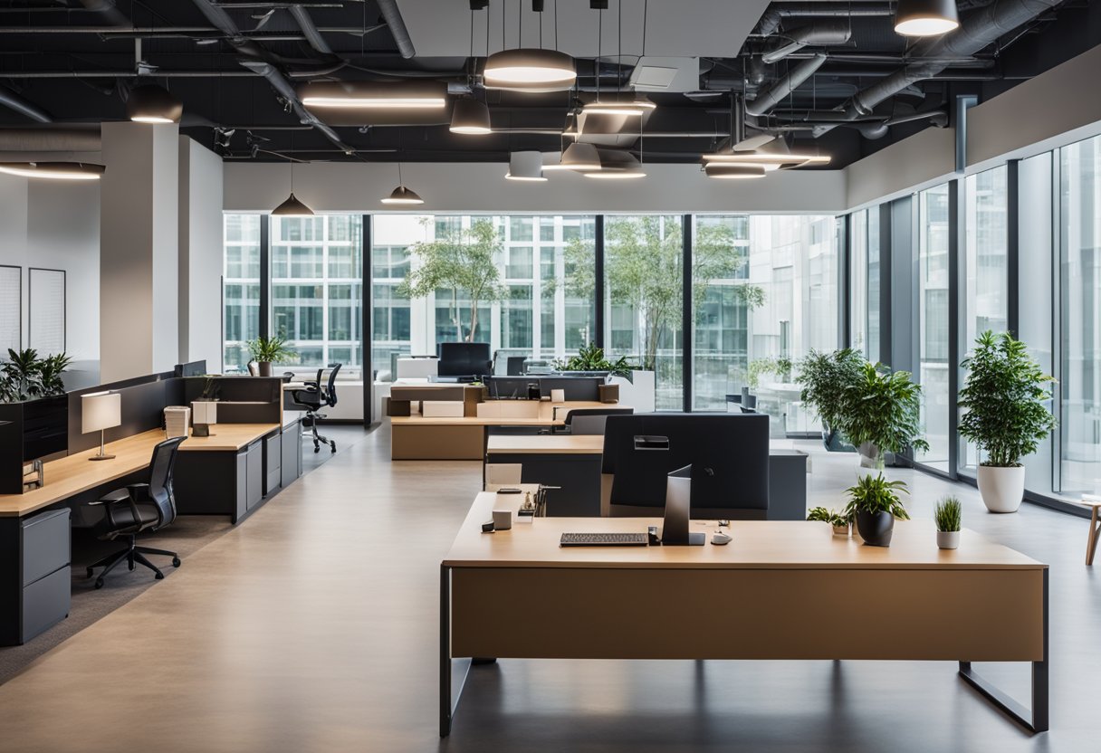 A modern office space with sleek, ergonomic furniture arranged in an open floor plan. A reception area with a stylish desk and comfortable seating