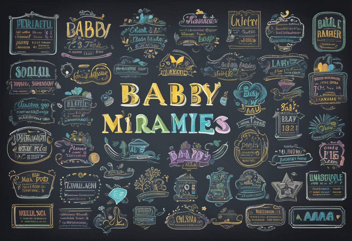 A colorful array of unique baby boy names displayed on a chalkboard with playful fonts and decorative elements