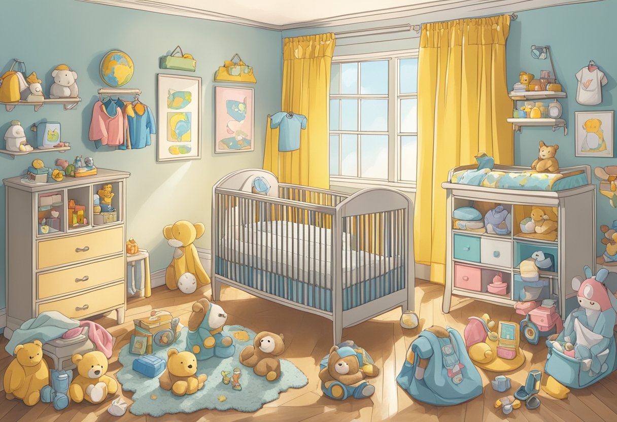 A colorful array of baby items scattered around a cozy nursery, with soft blankets, plush toys, and tiny clothes neatly organized