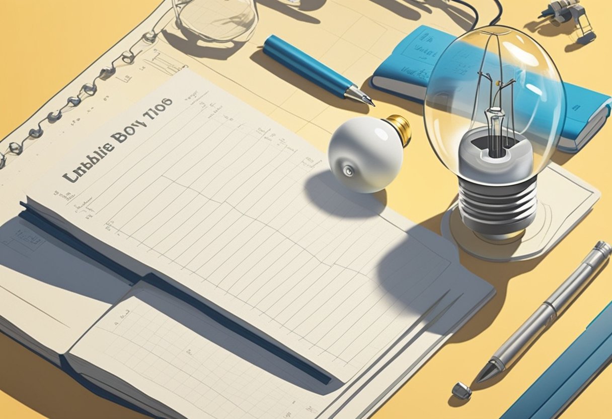 A table with a notebook, pen, and a list of unique baby boy names. A light bulb overhead symbolizes brainstorming