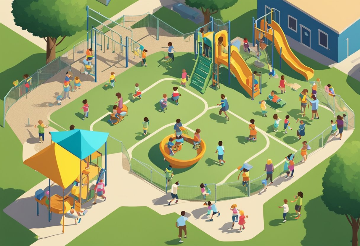 A crowded playground with multiple children responding to the names "Emma" and "Liam." Signs display "Most Overused Baby Names."