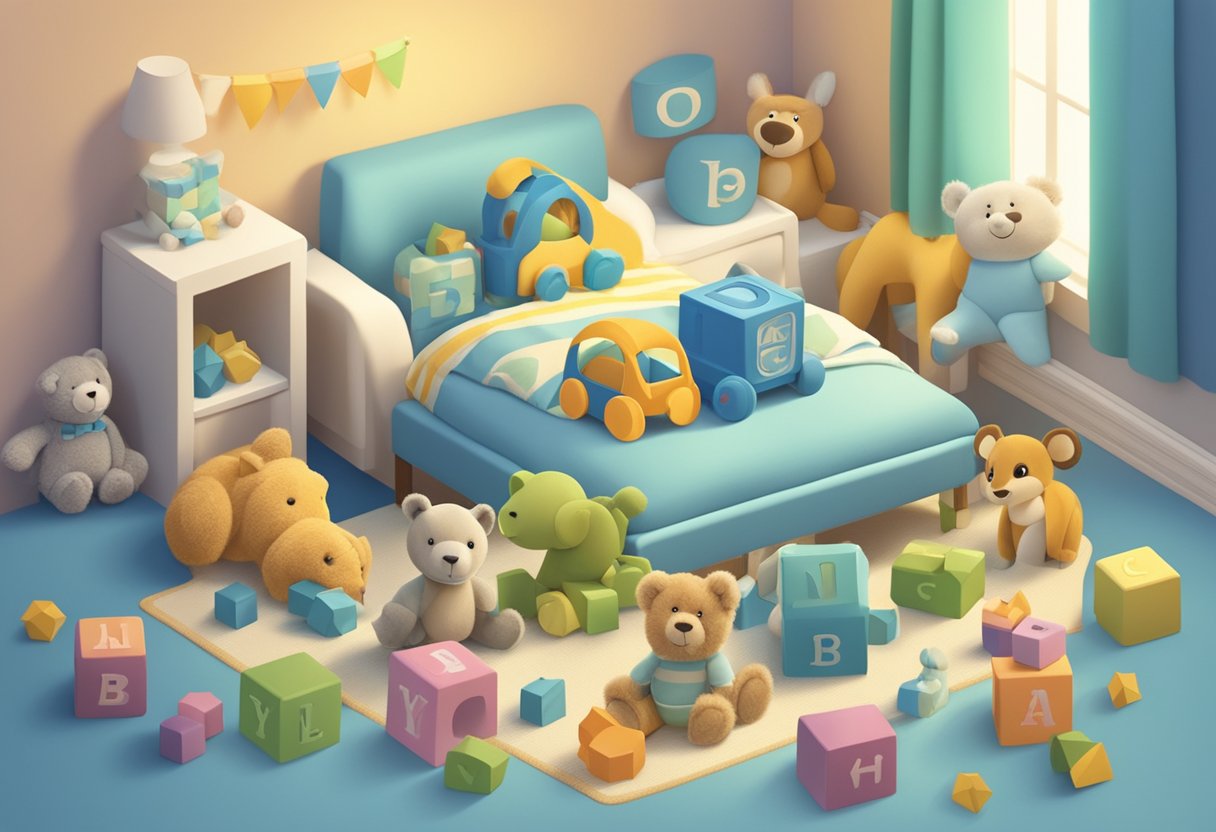 A collection of baby boy names, including Owen, surrounded by soft toys and colorful alphabet blocks