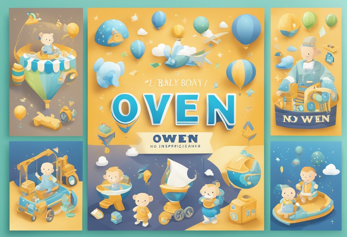 A collection of baby boy names displayed on a colorful banner next to the name "Owen" for inspiration