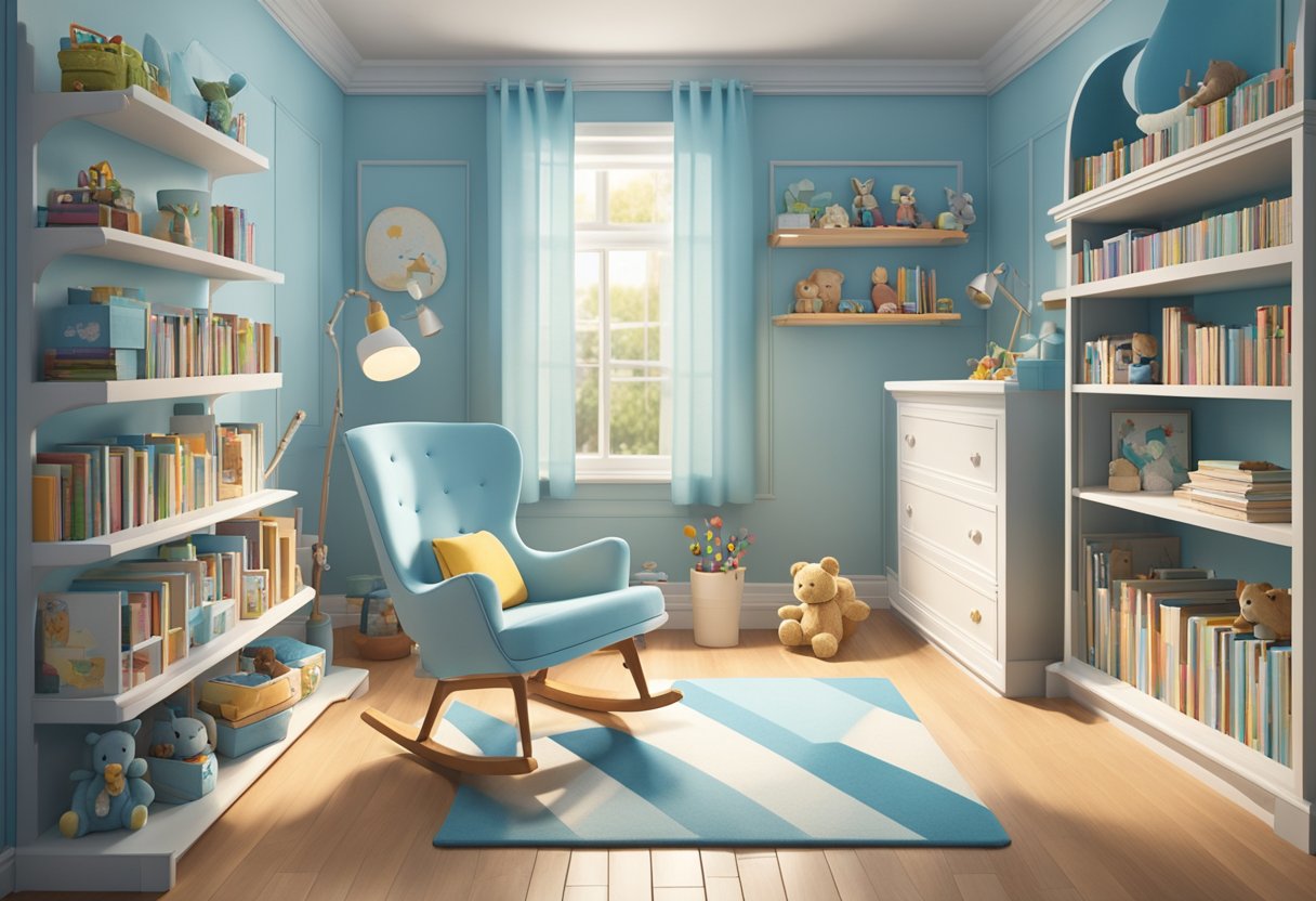 A nursery with soft blue walls, a cozy rocking chair, and shelves filled with children's books and toys
