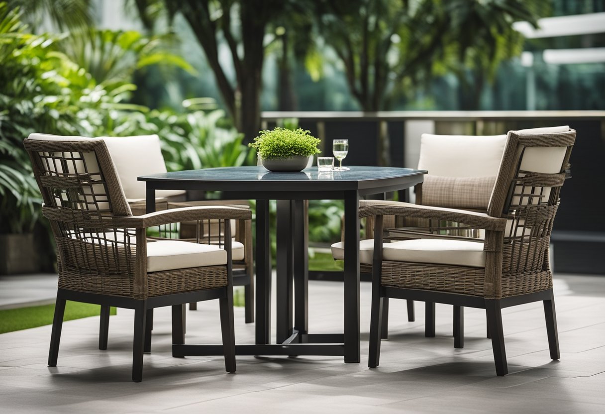 A set of modern outdoor patio furniture in a lush garden setting in Singapore