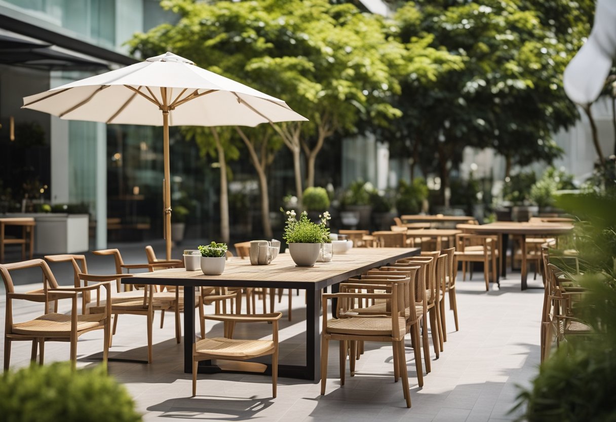 A customer examines various outdoor furniture at a Singapore store. Tables, chairs, and umbrellas are displayed in a sunny, open-air setting