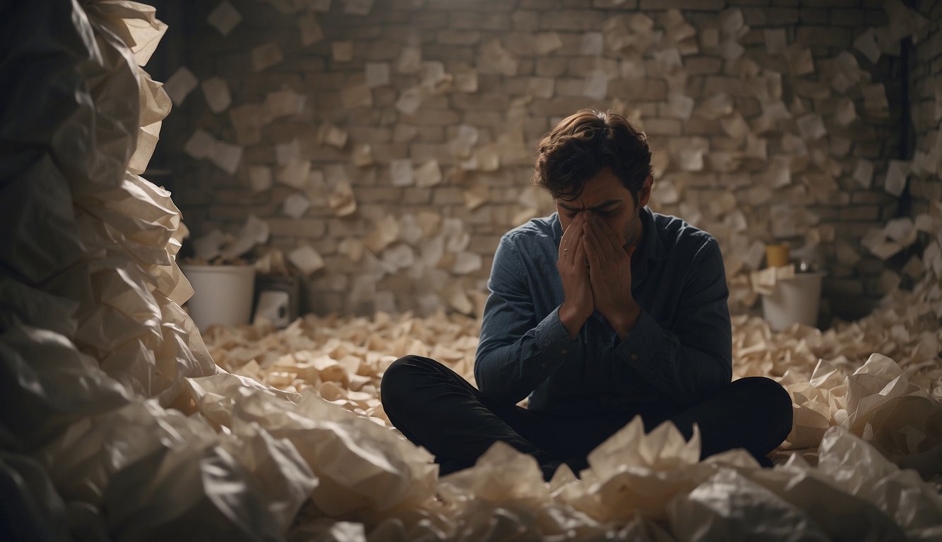 A person sitting alone in a dimly lit room, surrounded by scattered tissues and crumpled papers. Their face is buried in their hands, shoulders shaking with sobs