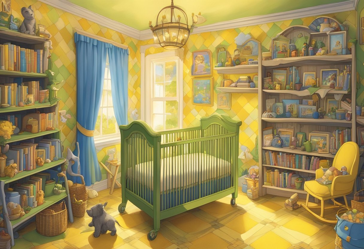 A colorful nursery with bookshelves filled with "Wizard of Oz" books, a mobile of characters hanging above a crib, and a mural of the yellow brick road on the wall