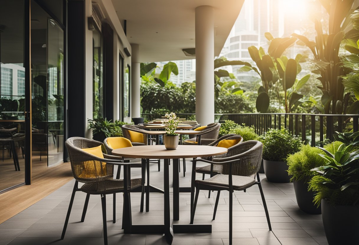 A sunny outdoor patio in Singapore, with modern furniture set up for dining and relaxation, surrounded by lush greenery and colorful potted plants