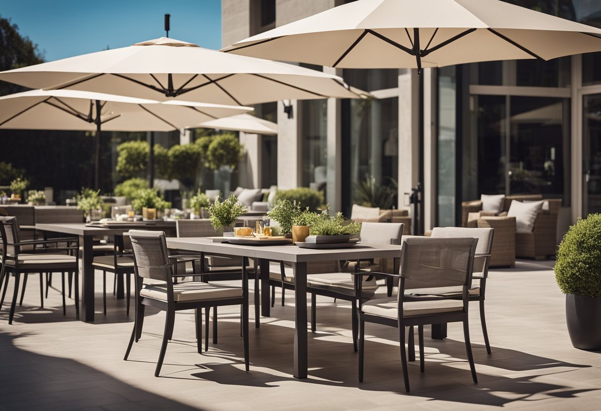 A sunny outdoor patio with a variety of stylish and modern furniture pieces, including tables, chairs, and umbrellas, set up in a clean and inviting display