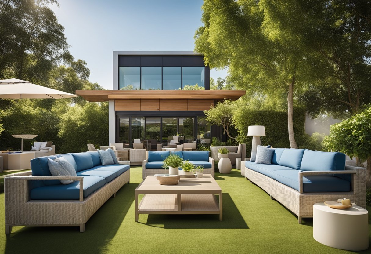 A sunny outdoor showroom with a variety of modern and traditional furniture collections, set against a backdrop of lush greenery and clear blue skies