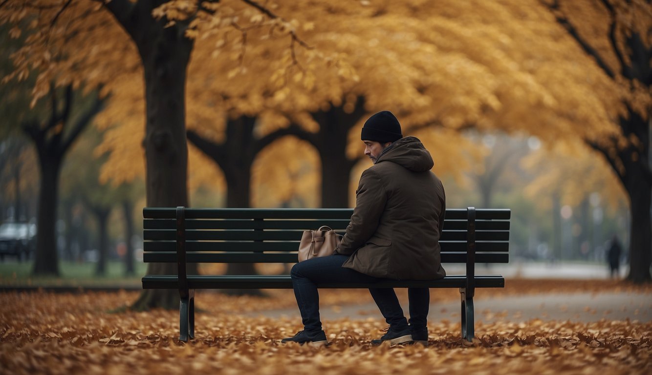 A person sitting alone on a park bench, surrounded by fallen leaves and a sense of solitude