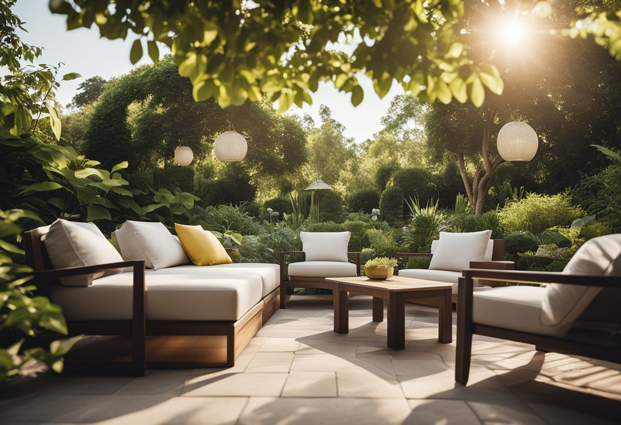 A serene garden setting with modern outdoor furniture, surrounded by lush greenery and basking in warm sunlight